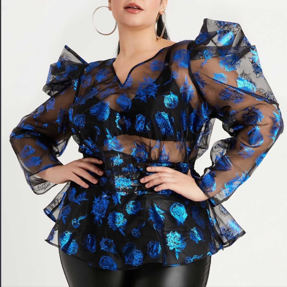 FLORAL FOIL ORGANZA PEPLUM TOP
